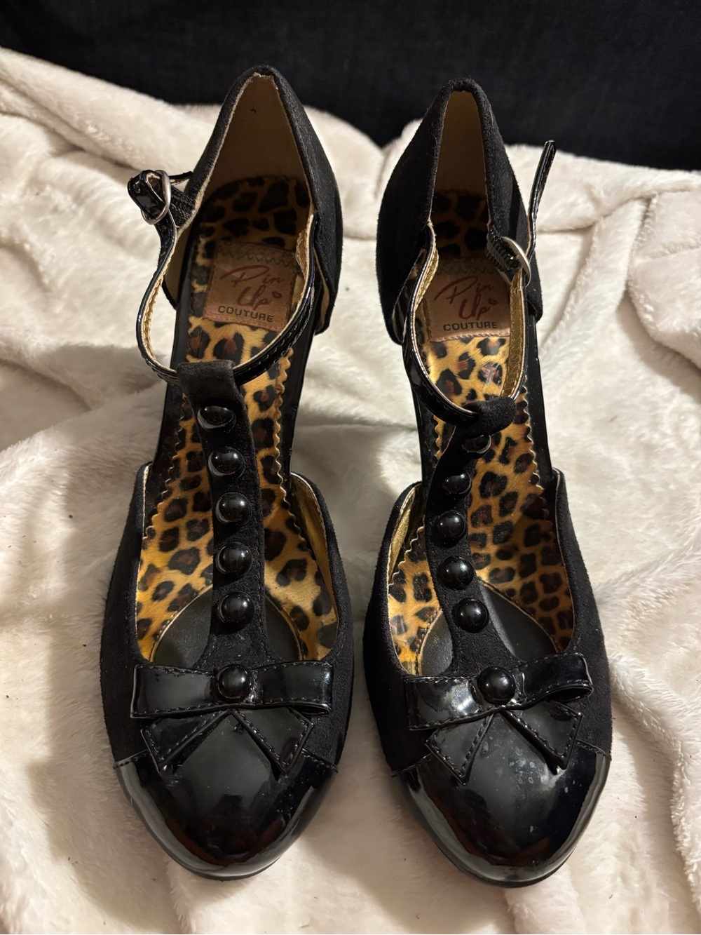 Black T-Strap Bow Heels with Leopard Insole